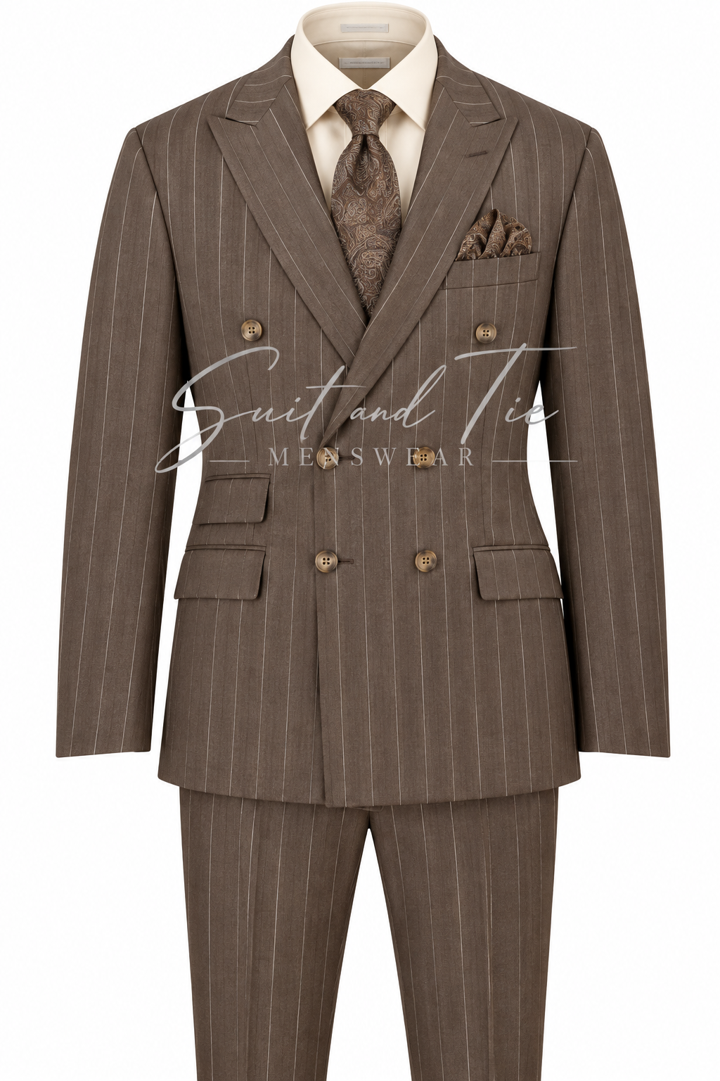 A men's brown double-breasted pinstripe suit with a cream dress shirt, brown patterned tie, and matching pocket square, displayed on a white background with a 'Suit and Tie Menswear' watermark.