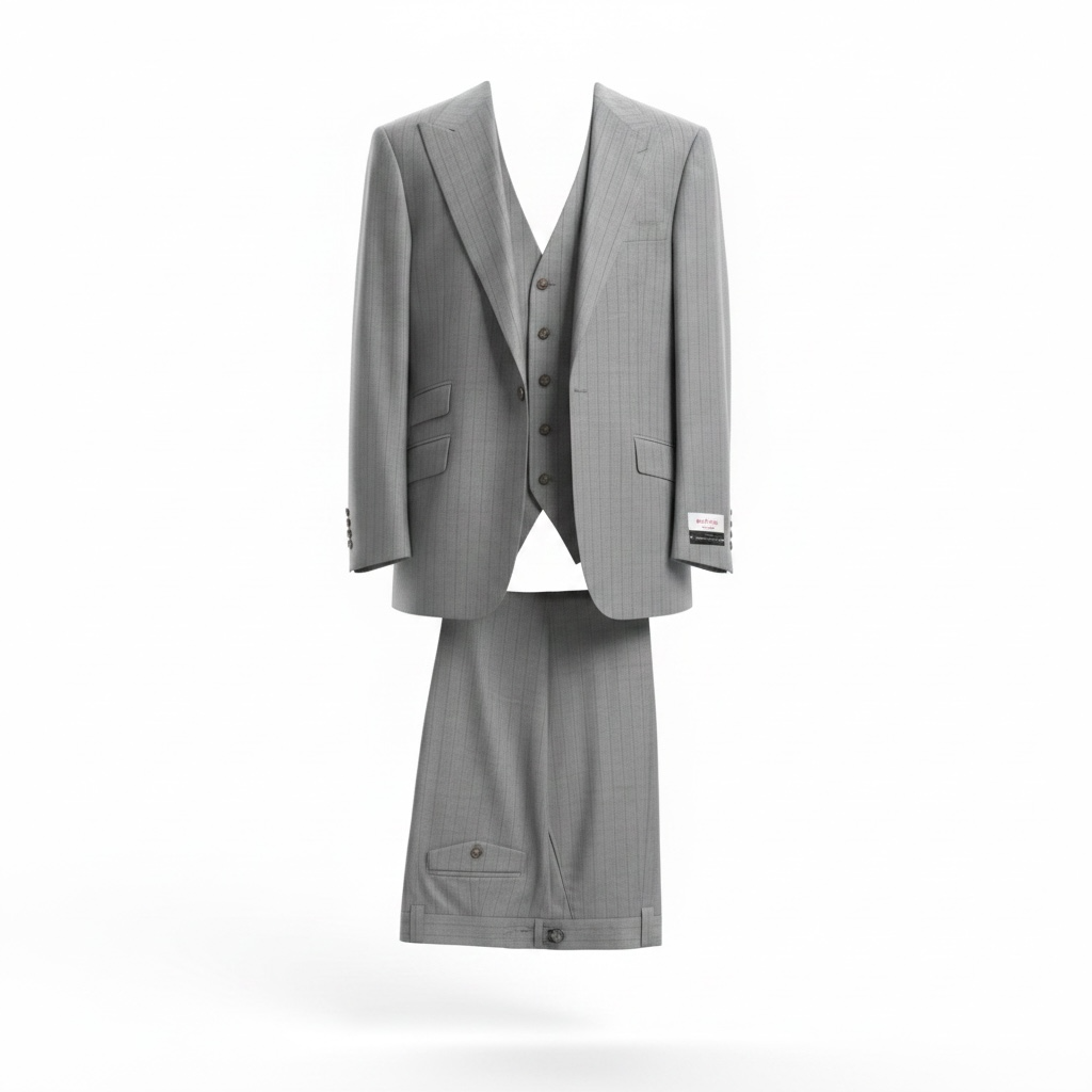 Gray suit with jacket, waistcoat, and pants on a white background