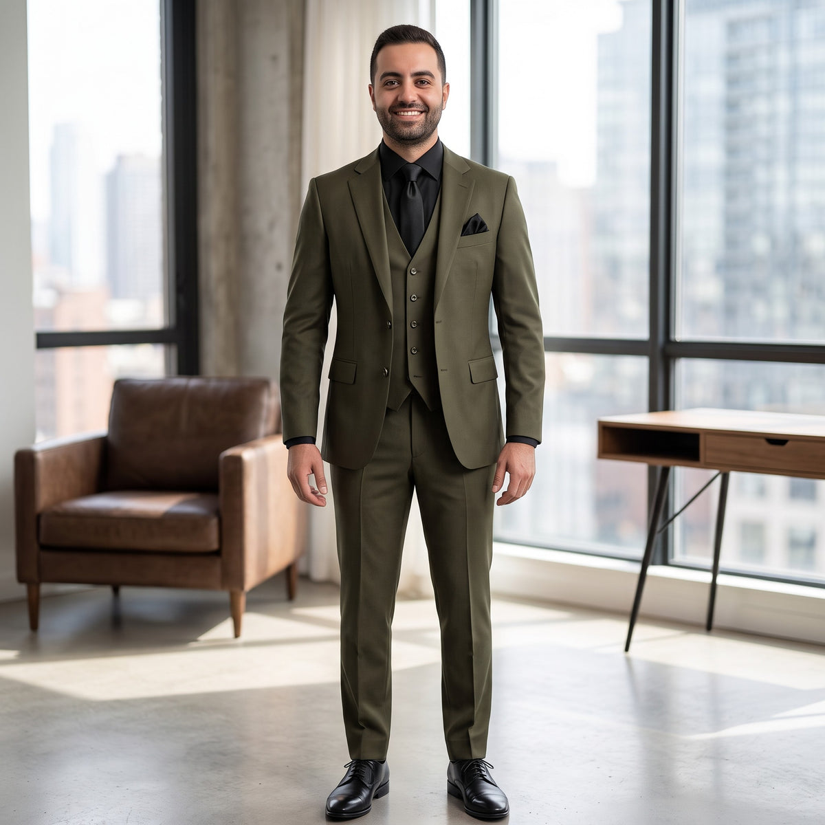 A man wearing a three-piece olive green suit with a black shirt and tie, standing in a modern office setting with large windows, a brown leather armchair, and a wooden desk.
