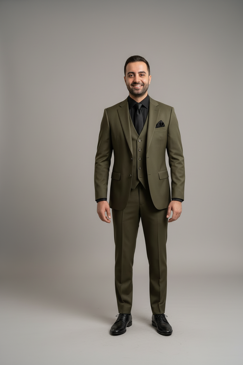 A man wearing a three-piece olive green suit with a matching vest and trousers, styled with a black dress shirt, black tie, and black dress shoes, standing against a solid gray studio background.