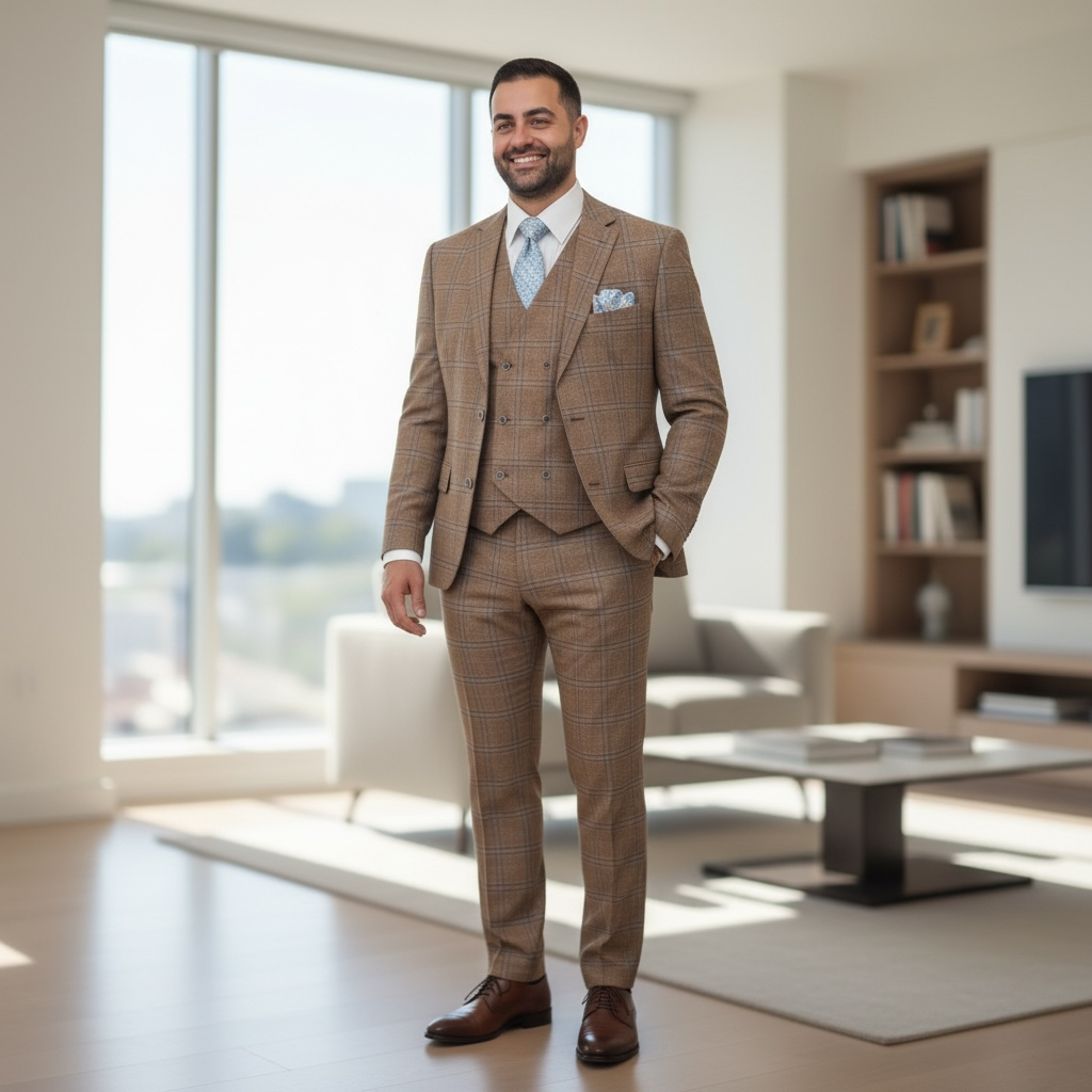 Man in a brown checkered suit standing in a modern living room.