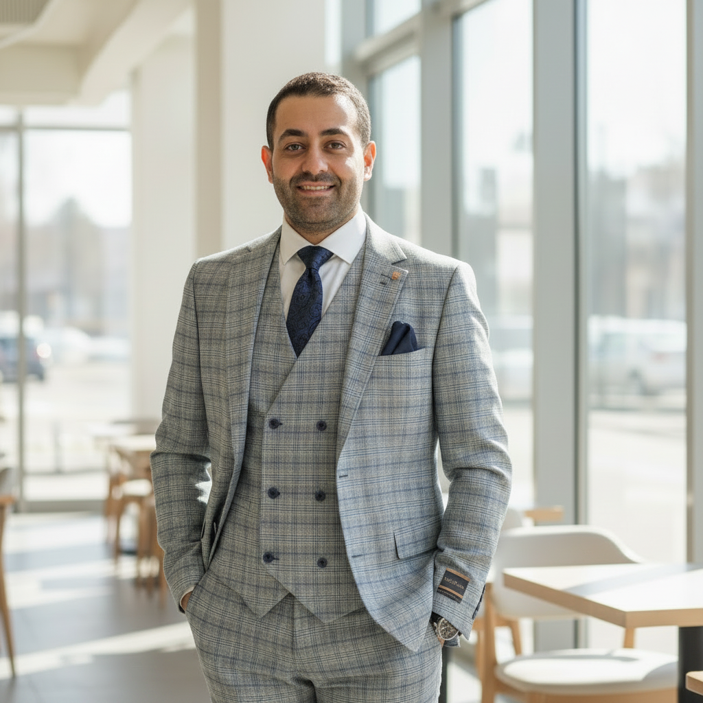 A man wearing a light gray three-piece plaid suit with a navy blue tie and pocket square, standing in a bright, modern indoor space with large windows.