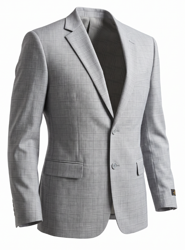 A light gray windowpane plaid blazer jacket displayed on a headless mannequin torso, featuring notch lapels, two front buttons, and flap pockets against a plain white background.