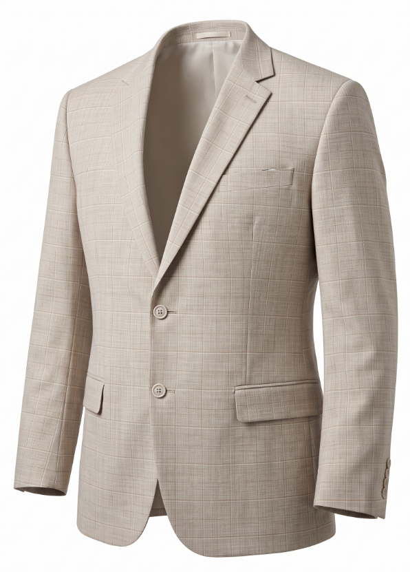 A taupe suit jacket with a subtle windowpane check pattern, featuring notch lapels, two front buttons, and flap pockets, shown on a plain white background.