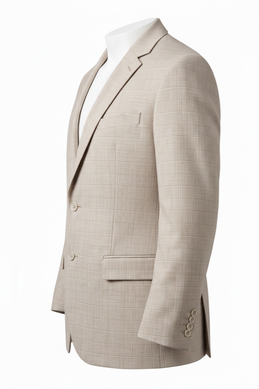 A Taupe suit jacket with a subtle windowpane check pattern, featuring notch lapels, two front buttons, and flap pockets, shown on a plain white background.