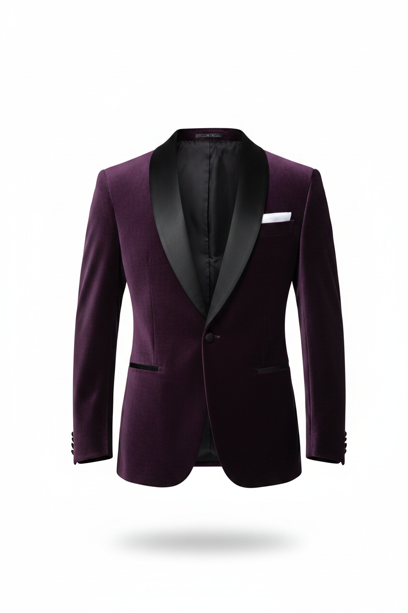 Purple velvet tuxedo and plain background