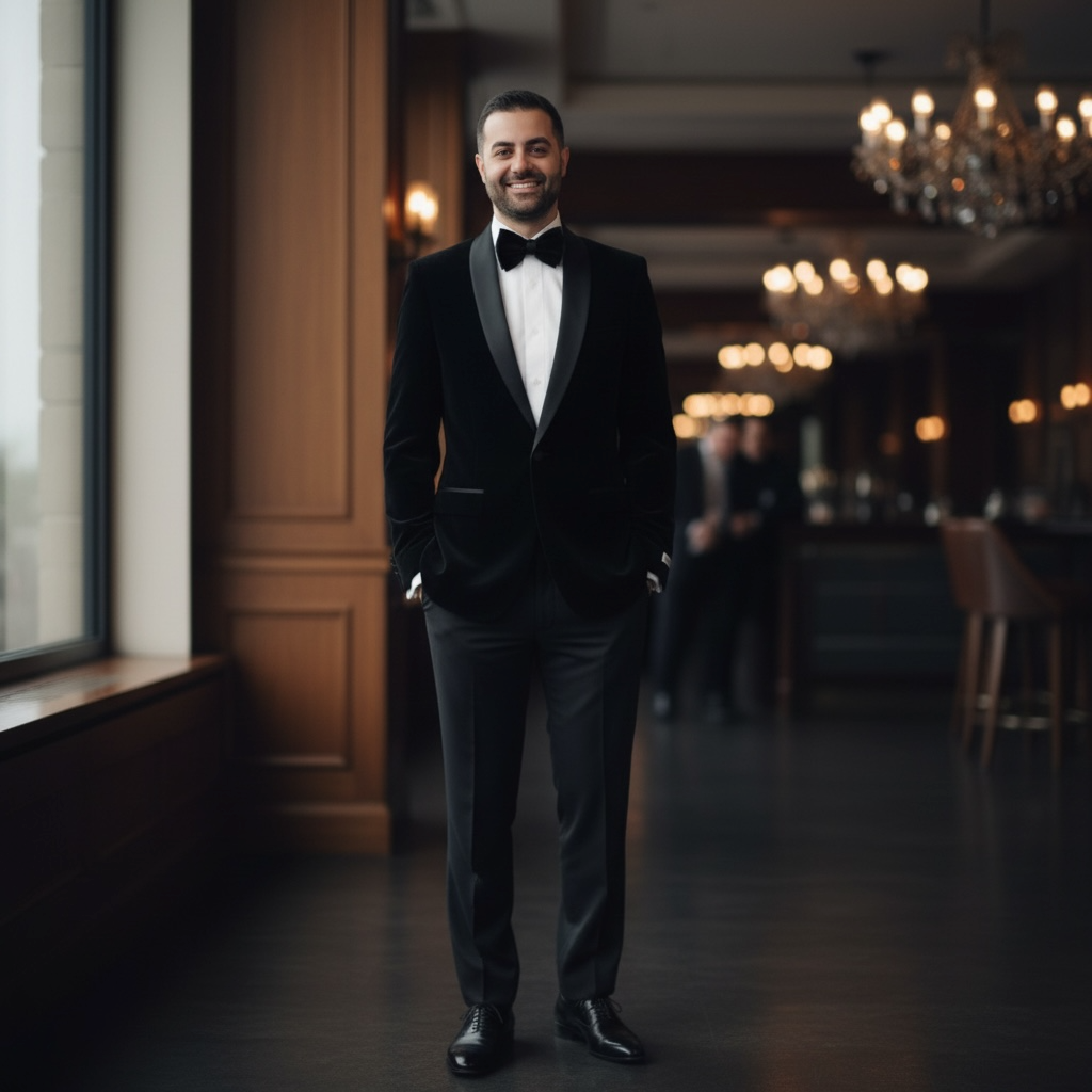 Man in a black blazer and standing in an elegant room with chandeliers. Lack slacks