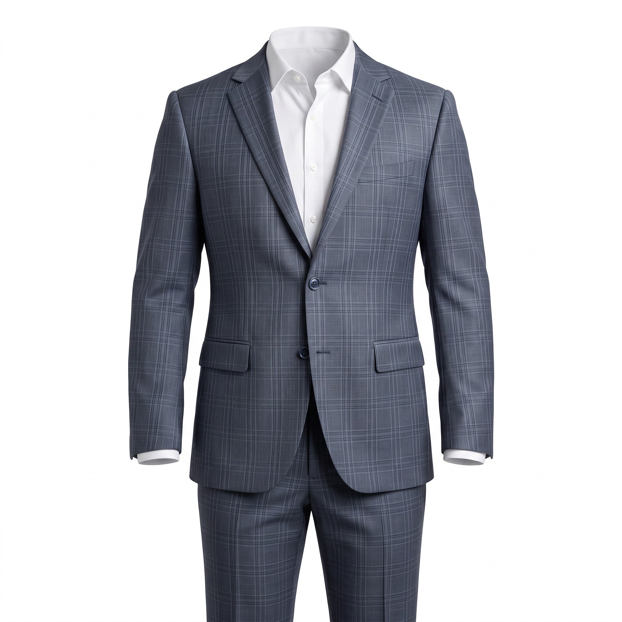A men's two-piece suit in a slate blue-gray color with a subtle windowpane plaid pattern, styled with a crisp white dress shirt on a white background.