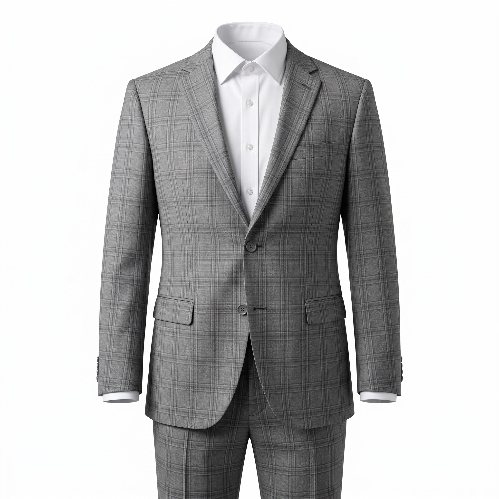A gray and white plaid suit displayed on a headless mannequin torso, styled with a white dress shirt and open collar against a plain white background.