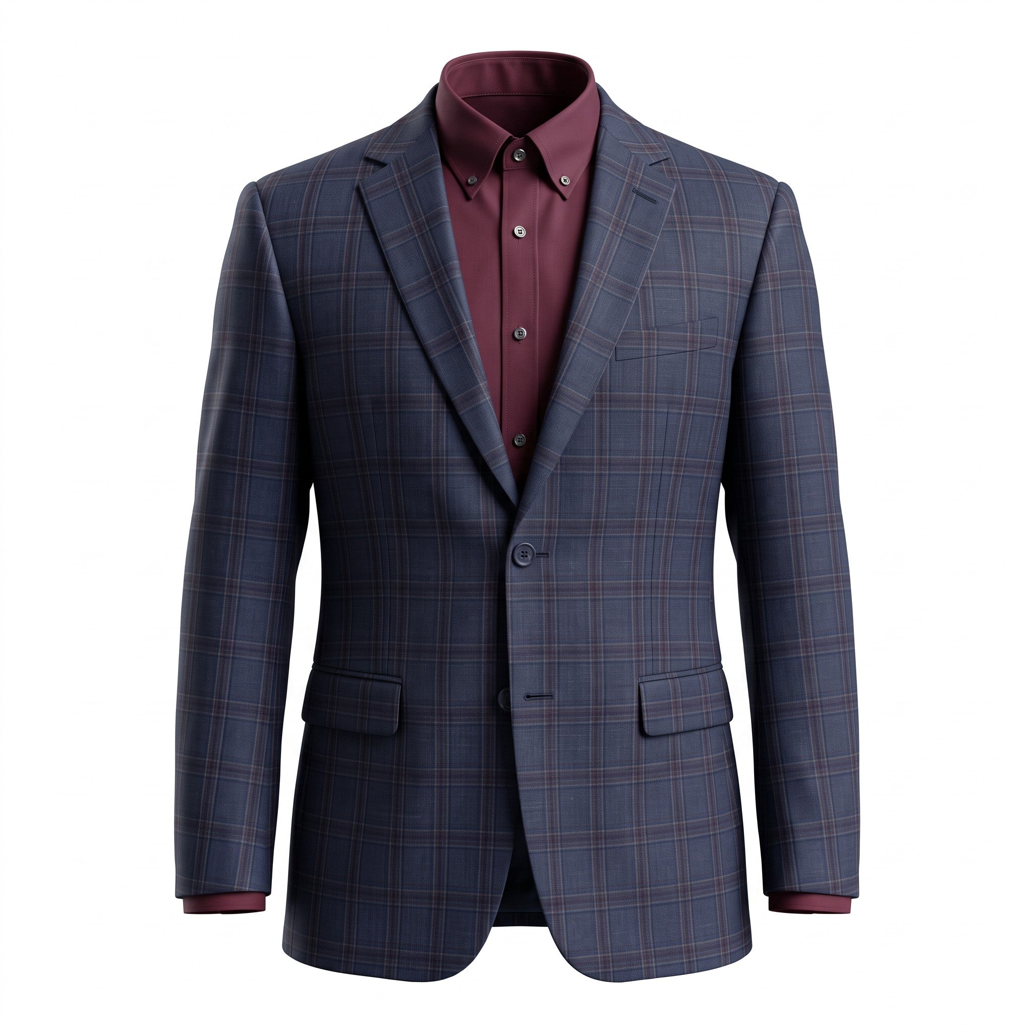 A men's tailored blazer in a navy and blue plaid pattern, styled over a burgundy button-down shirt, shown against a plain white background.