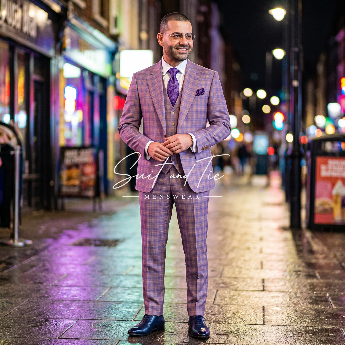 Vitali M5601 Plaid Peak Lapel Suit with Double-Breasted Vest