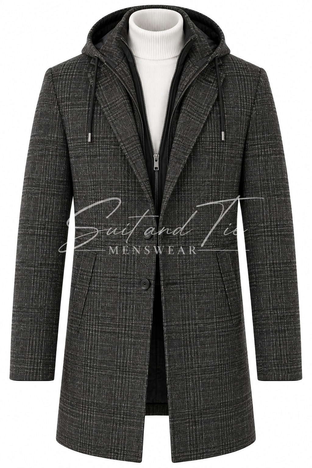 A men's dark gray hooded coat with a subtle plaid pattern, featuring a front zipper, drawstrings, and a white turtleneck underneath, shown on a white background with a 'Suit and Tie Menswear' watermark.