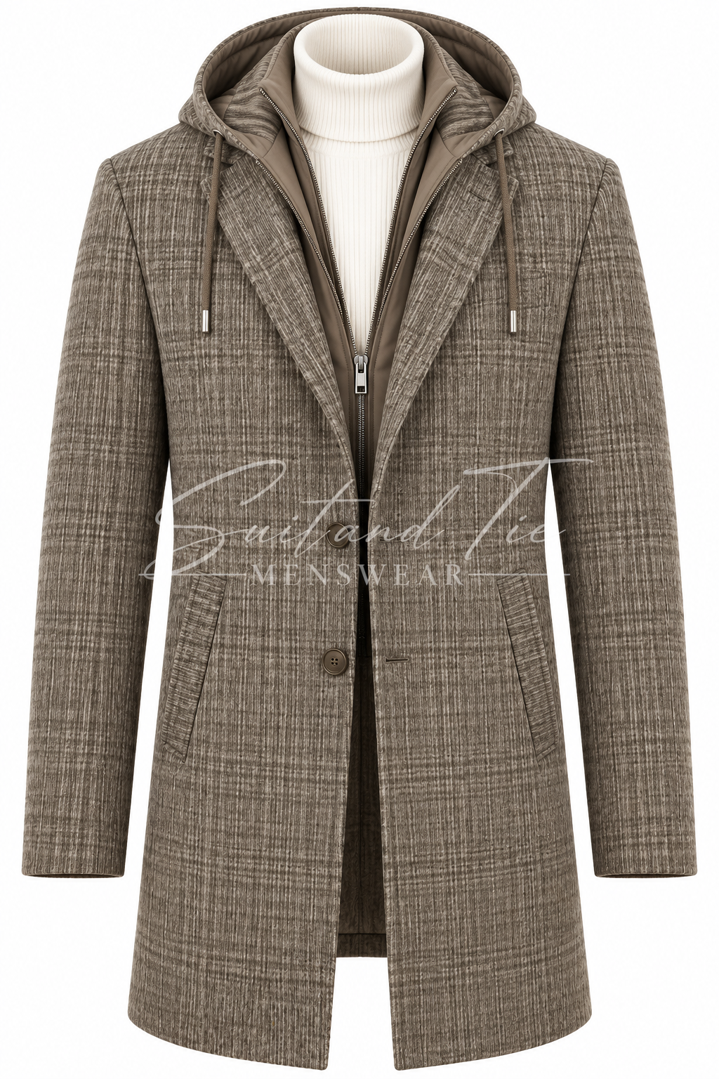 A men's hooded coat in a brown and beige plaid pattern, styled over a white turtleneck sweater on a mannequin torso. The coat features a hood with drawstrings, a front zipper, and a large notched lapel.