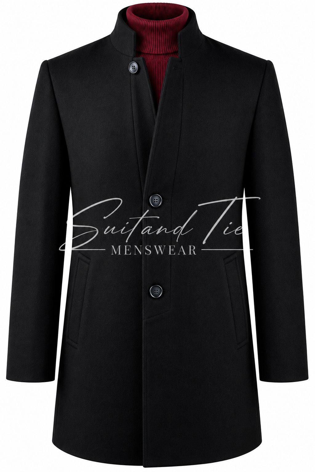 A men's black wool-blend coat with a stand collar, featuring a dark red ribbed turtleneck visible underneath, shown against a plain white background with a 'Suit and Tie MENSWEAR' watermark across the center.