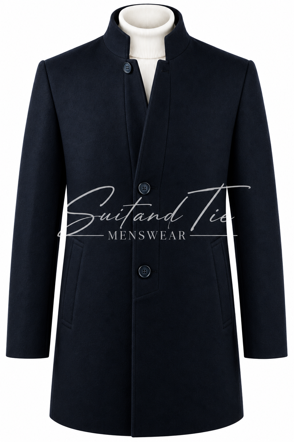 A men's dark navy blue coat with a stand collar, displayed on a white mannequin torso. The coat features a three-button front closure and large front patch pockets.