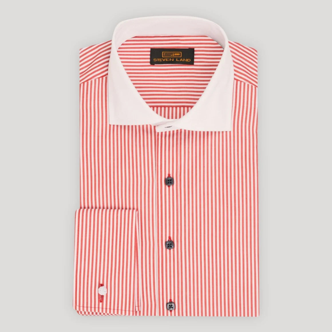 A folded long-sleeve dress shirt by Sevett Lang, featuring vertical red and white stripes with a solid white collar and matching white cuff placket.