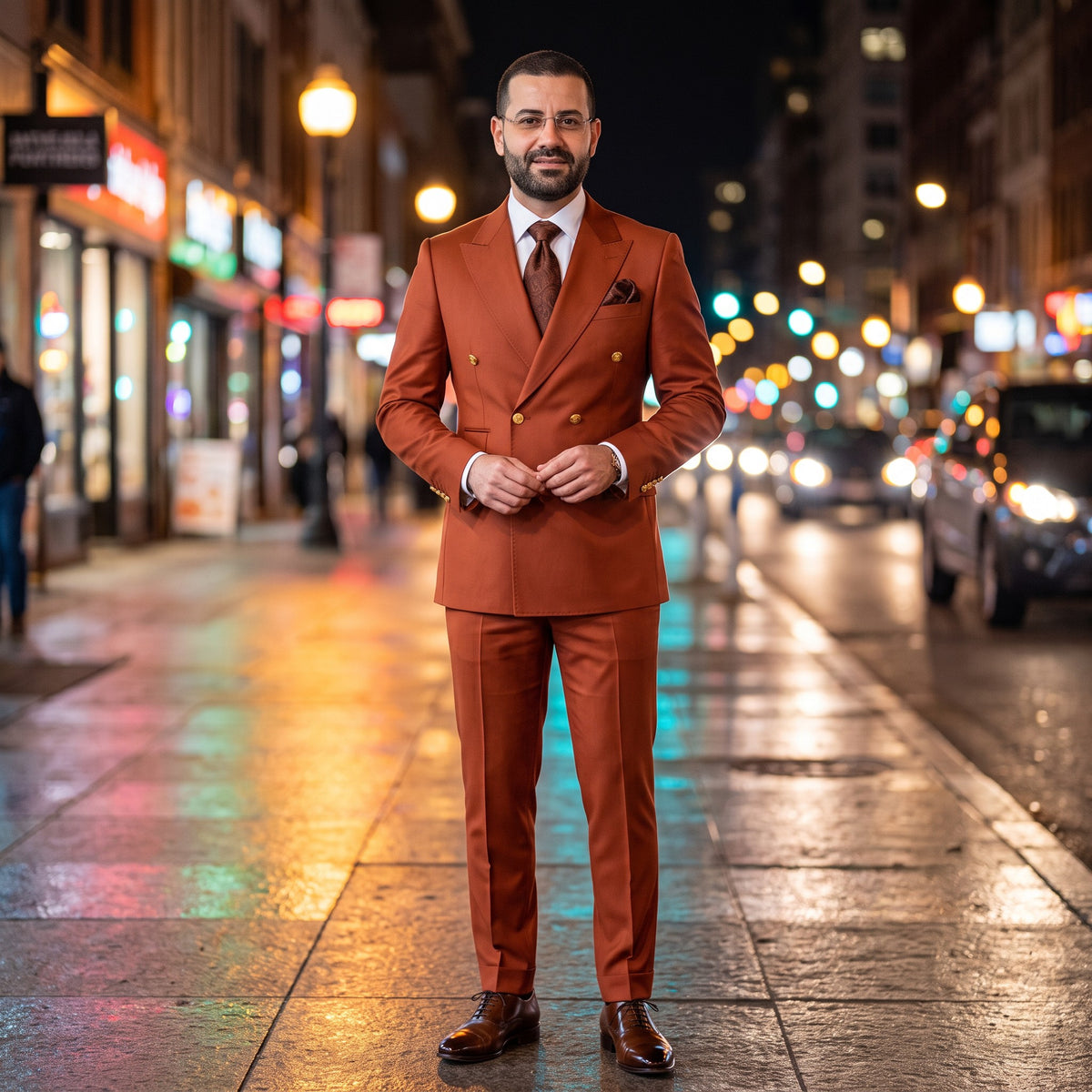 A man wearing a double-breasted rust-orange suit with gold buttons, a white shirt, and a brown tie stands on a wet city street at night with blurred lights in the background.