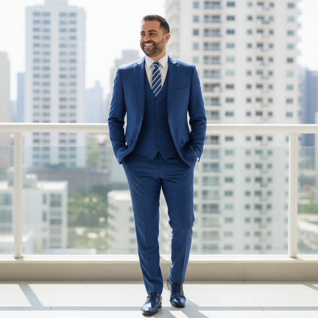 Man in a blue suit standing on a balcony with city skyline in the background